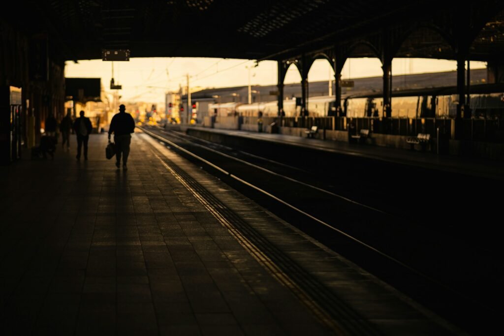 Inside Bangkok’s train station during sunset.