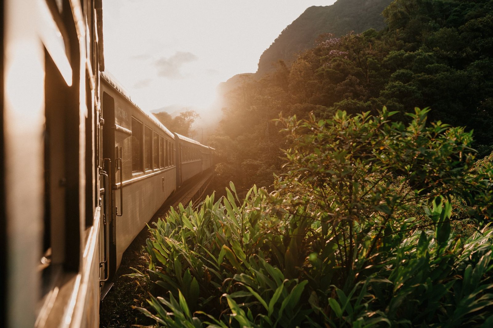 A comfortable train journey to Ubon Ratchathani during a golden sunrise, showing the scenic green landscape of Isaan.
